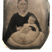 Soulful Looking Woman with Lace Collar, Gold Jewelry and Child, 19th C. Full Plate Folk Art Tintype