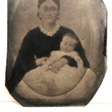 Soulful Looking Woman with Lace Collar, Gold Jewelry and Child, 19th C. Full Plate Folk Art Tintype