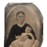 Soulful Looking Woman with Lace Collar, Gold Jewelry and Child, 19th C. Full Plate Folk Art Tintype