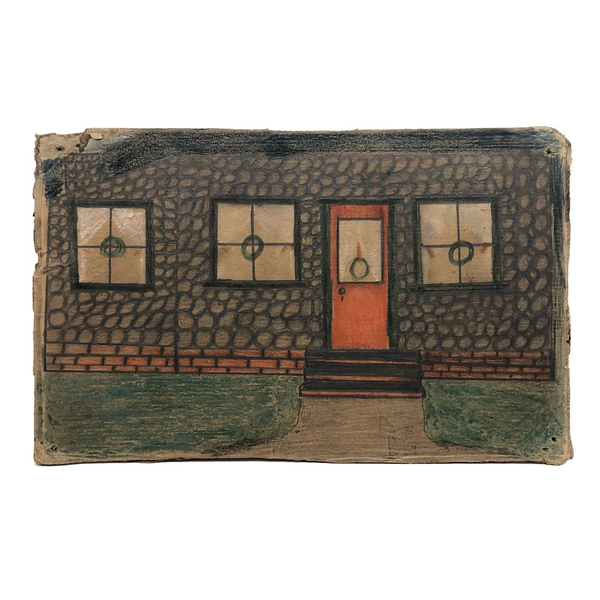 Stone House with Red Door, Excellent Old Drawing on Sunshine Biscuit Cardboard