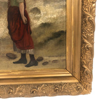 Woman at the Sea, Victorian Oil Painting in Gold Frame