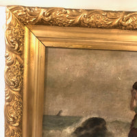 Woman at the Sea, Victorian Oil Painting in Gold Frame