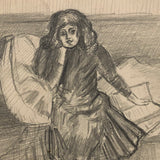 Young Woman on Sofa with Book, Late 19th C. Graphite Drawing