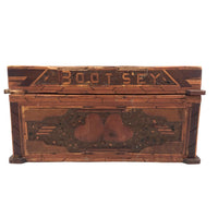 Bootsey! Old Match Stick and Inlay Tramp Art Box with Head, Hearts, and Photos Inside