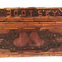 Bootsey! Old Match Stick and Inlay Tramp Art Box with Head, Hearts, and Photos Inside