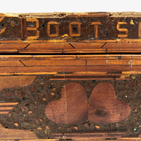 Bootsey! Old Match Stick and Inlay Tramp Art Box with Head, Hearts, and Photos Inside