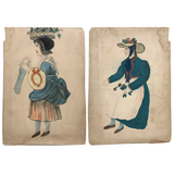 Two Women in Hats: Double-sided Signed 1865 Folk Art Watercolors on Board