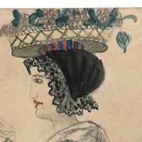 Two Women in Hats: Double-sided Signed 1865 Folk Art Watercolors on Board