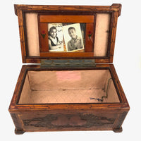 Bootsey! Old Match Stick and Inlay Tramp Art Box with Head, Hearts, and Photos Inside