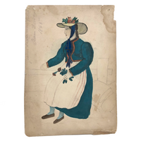 Two Women in Hats: Double-sided Signed 1865 Folk Art Watercolors on Board