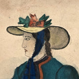 Two Women in Hats: Double-sided Signed 1865 Folk Art Watercolors on Board