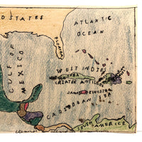 Gulf of MEXICO, Old Hand-drawn Ink and Crayon Schoolgirl Map