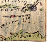 Gulf of MEXICO, Old Hand-drawn Ink and Crayon Schoolgirl Map