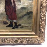 Woman at the Sea, Victorian Oil Painting in Gold Frame