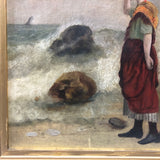 Woman at the Sea, Victorian Oil Painting in Gold Frame