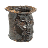 Soulful Face Planter in Shiny Brown Glaze, Signed, 1975