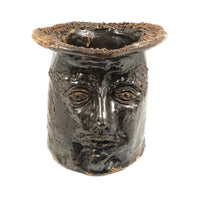 Soulful Face Planter in Shiny Brown Glaze, Signed, 1975