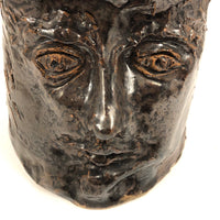 Soulful Face Planter in Shiny Brown Glaze, Signed, 1975