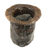 Soulful Face Planter in Shiny Brown Glaze, Signed, 1975