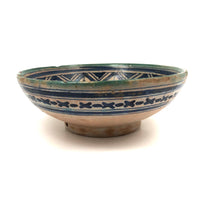 Pretty Hand-painted, Signed Moroccan Bowl in Blue and White with Green Rim