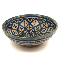 Pretty Hand-painted, Signed Moroccan Bowl in Blue and White with Green Rim