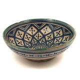 Pretty Hand-painted, Signed Moroccan Bowl in Blue and White with Green Rim