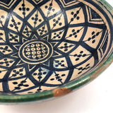 Pretty Hand-painted, Signed Moroccan Bowl in Blue and White with Green Rim