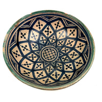 Pretty Hand-painted, Signed Moroccan Bowl in Blue and White with Green Rim