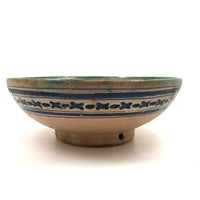 Pretty Hand-painted, Signed Moroccan Bowl in Blue and White with Green Rim