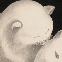 Fluffy White Cats with Portrait Miniature, Charming Old Graphite and Charcoal Drawing