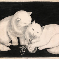 Fluffy White Cats with Portrait Miniature, Charming Old Graphite and Charcoal Drawing