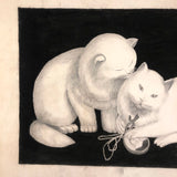 Fluffy White Cats with Portrait Miniature, Charming Old Graphite and Charcoal Drawing