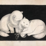 Fluffy White Cats with Portrait Miniature, Charming Old Graphite and Charcoal Drawing