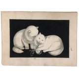 Fluffy White Cats with Portrait Miniature, Charming Old Graphite and Charcoal Drawing