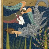 Jonah (Yunas) and the Whale (Giant Fish), Antique Mughal Manuscript Gouache Painting