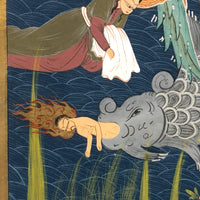 Jonah (Yunas) and the Whale (Giant Fish), Antique Mughal Manuscript Gouache Painting