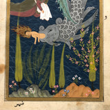 Jonah (Yunas) and the Whale (Giant Fish), Antique Mughal Manuscript Gouache Painting