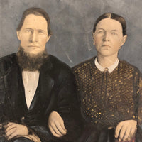 19th C. Folk Art Painted Full Plate Tintype of Stern Looking Couple with Bible (in Large Hand!)