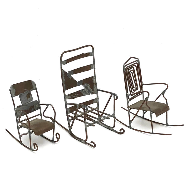 SOLD Trio of Scrap Metal and Wire Folk Art Rocking Chairs