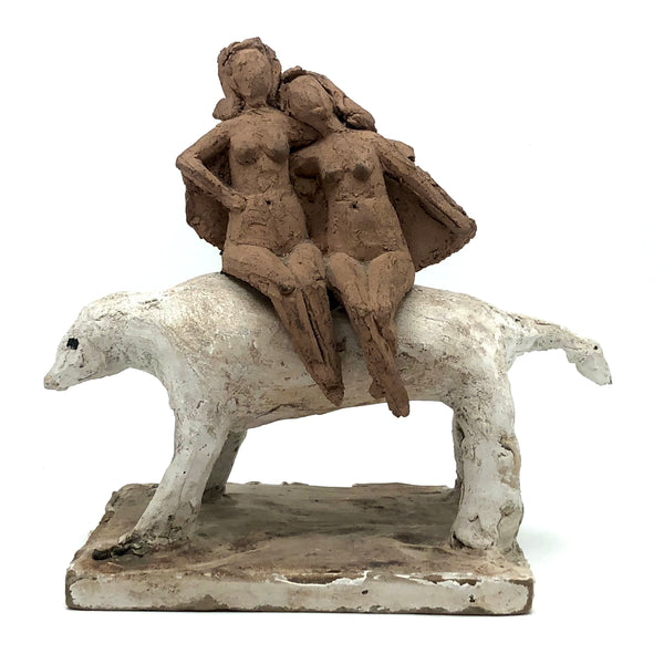 Marvelous Pair of Clay Nudes on Big White Dog (Masonite and Plaster Base)