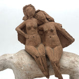 Marvelous Pair of Clay Nudes on Big White Dog (Masonite and Plaster Base)