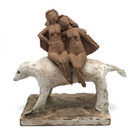 Marvelous Pair of Clay Nudes on Big White Dog (Masonite and Plaster Base)