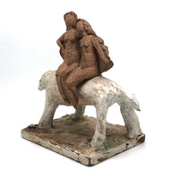 Marvelous Pair of Clay Nudes on Big White Dog (Masonite and Plaster Base)