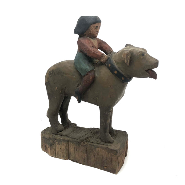 SOLD Girl Riding Giant Dog, Wonderful 19th C. American Folk Art Carving with Polychrome