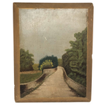 Trees and Walls and Path, Mysterious Feeling Antique Oil on Camphored Wood Panel