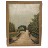 Trees and Walls and Path, Mysterious Feeling Antique Oil on Camphored Wood Panel