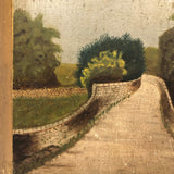 Trees and Walls and Path, Mysterious Feeling Antique Oil on Camphored Wood Panel