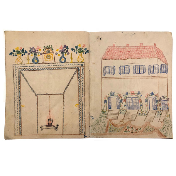 Early 1940s French School Drawings Notebook: Animals, Flowers, Houses, Extras