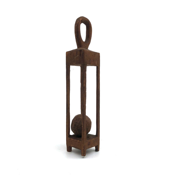 Thinly Caged Old Carved Pine Ball in Cage Whimsy with Hanging Loop and Warm Patina