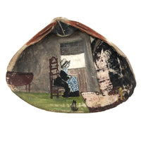 Woman in Chair at Window with Cat, Old Folk Art Painted Seashell